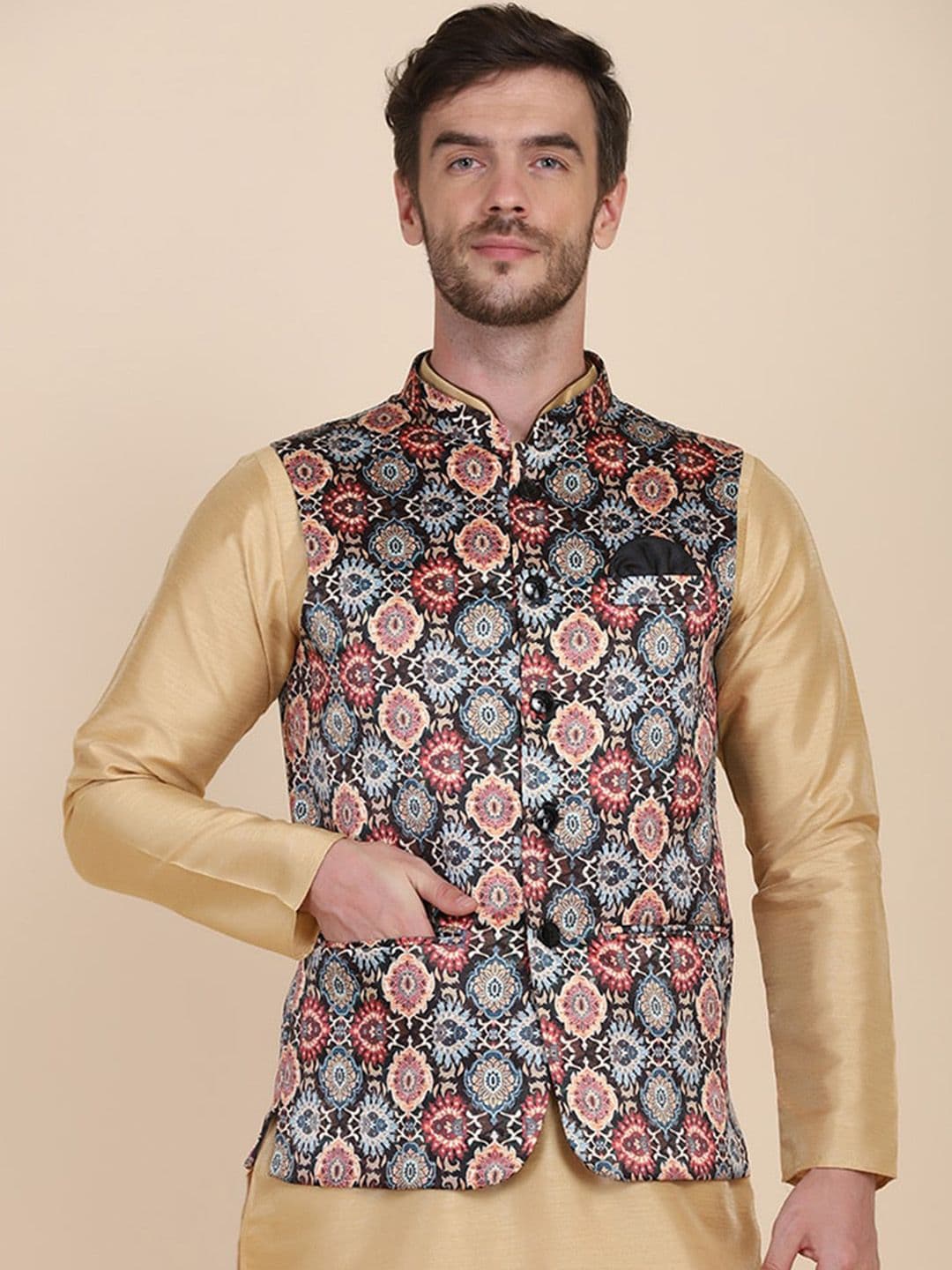 TAHVO Printed Mandarin Mollar Satin Nehru Jackets - view 1