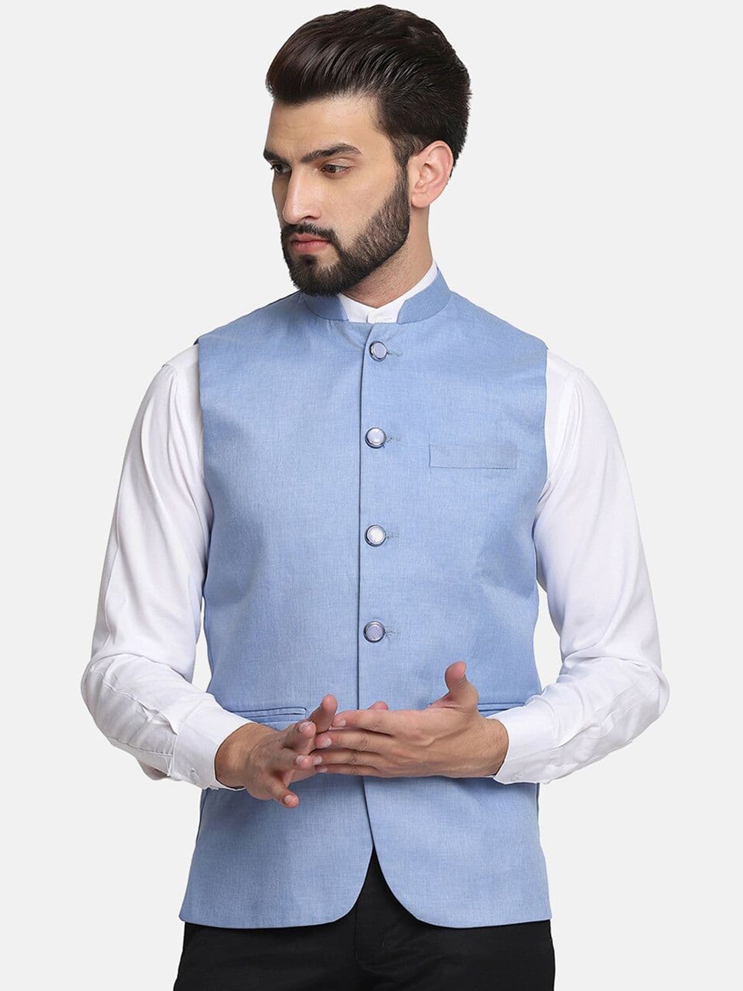 TAHVO Mandarin Collar Satin Nehru Jacket - view 1