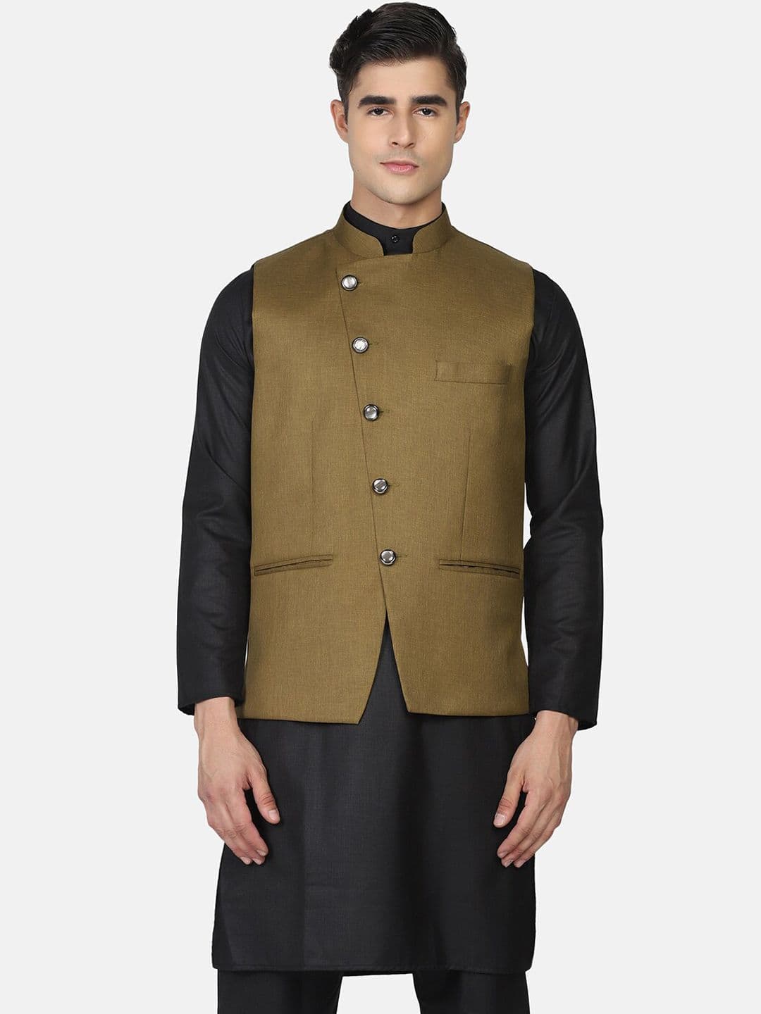 TAHVO Mandarin Collar Satin Nehru Jacket - view 1