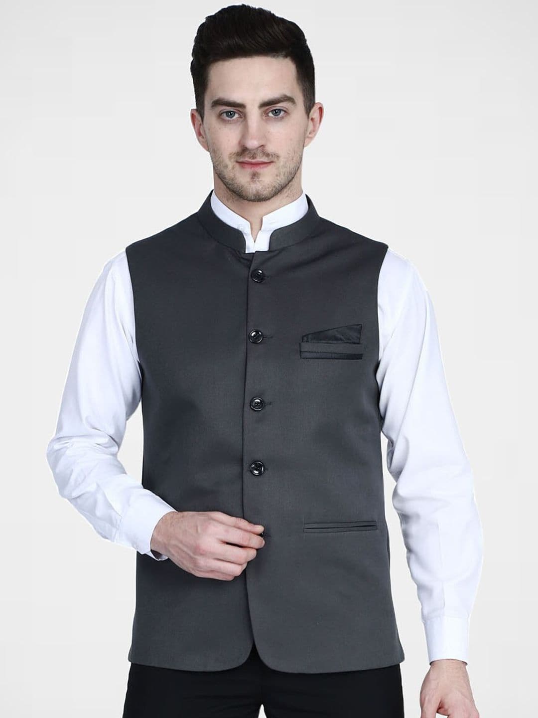 TAHVO Mandarin Collar Satin Nehru Jacket - view 1