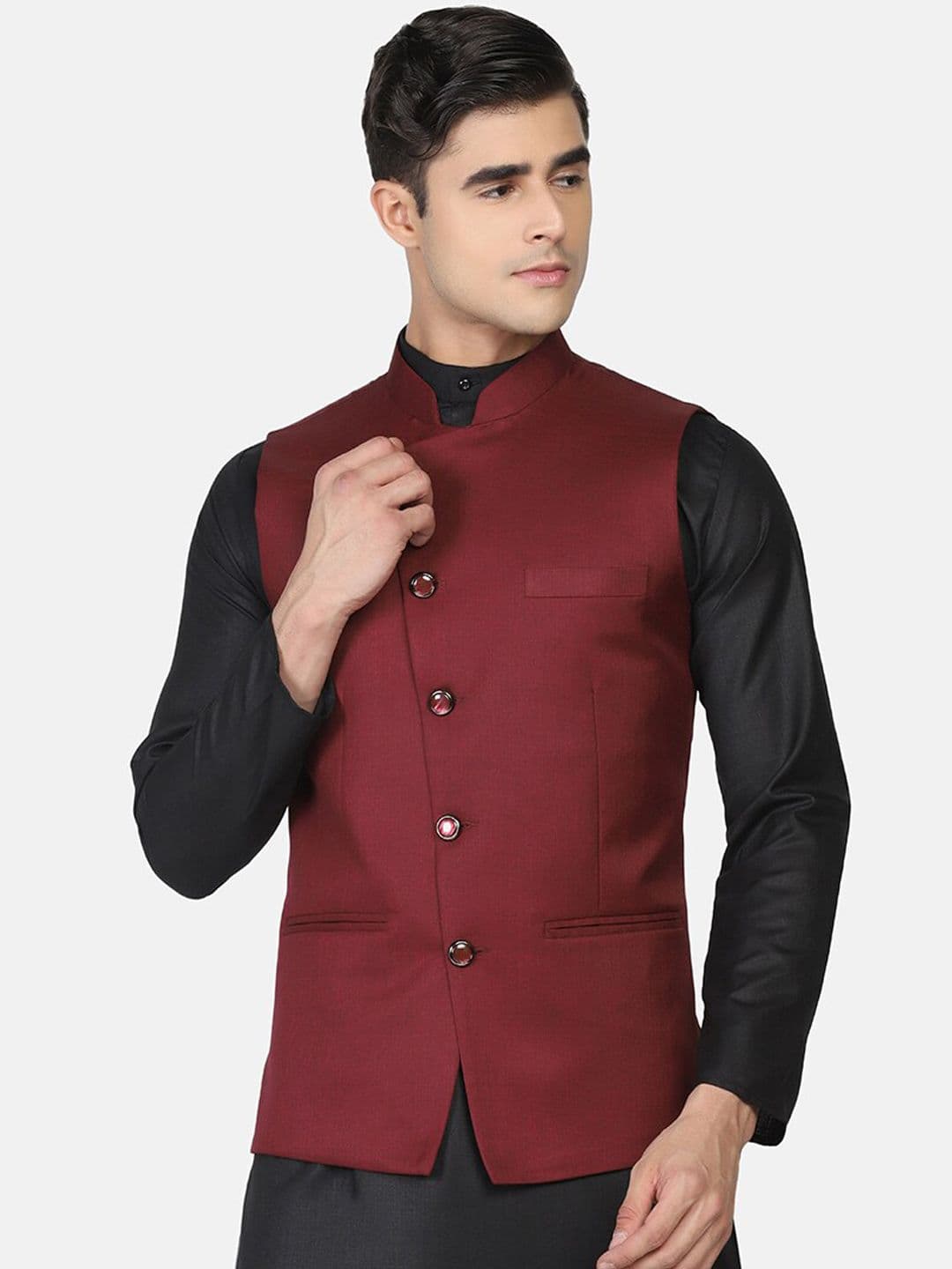 TAHVO Mandarin Collar Satin Nehru Jacket - view 1