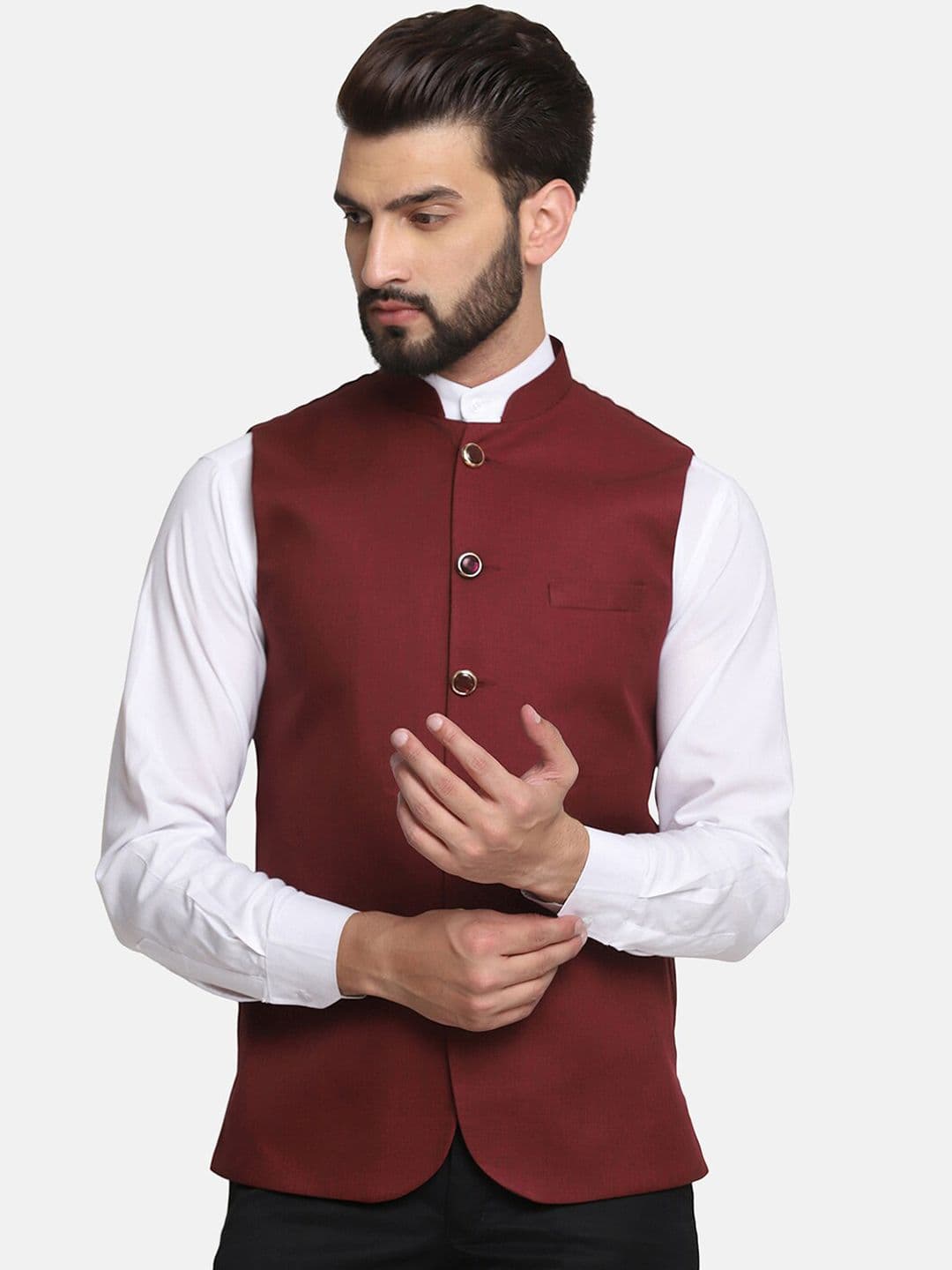 TAHVO Mandarin Collar Satin Nehru Jacket - view 1