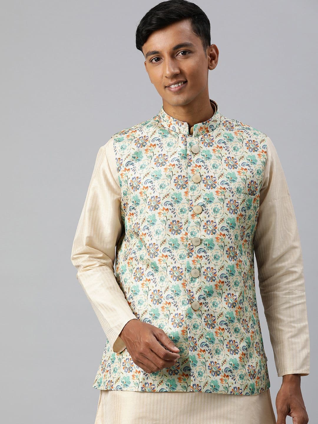 Manthan Men Printed Nehru Jacket - view 1