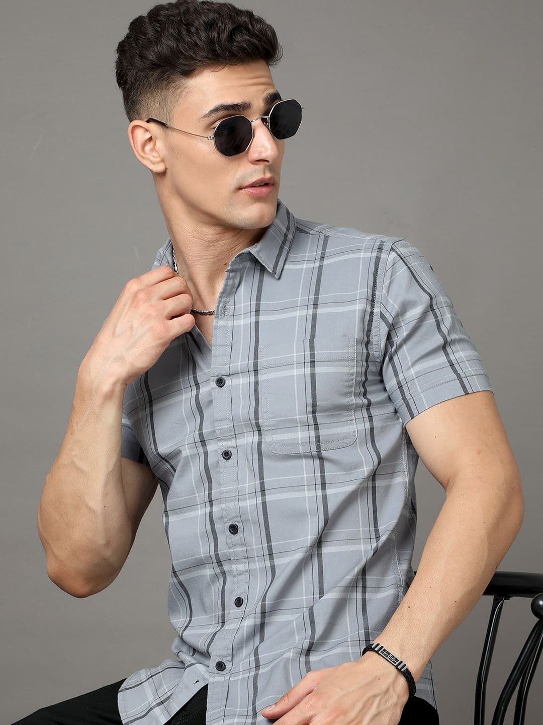 HERE&NOW Grey Slim Fit Tartan Checked Casual Cotton Shirt - view 1