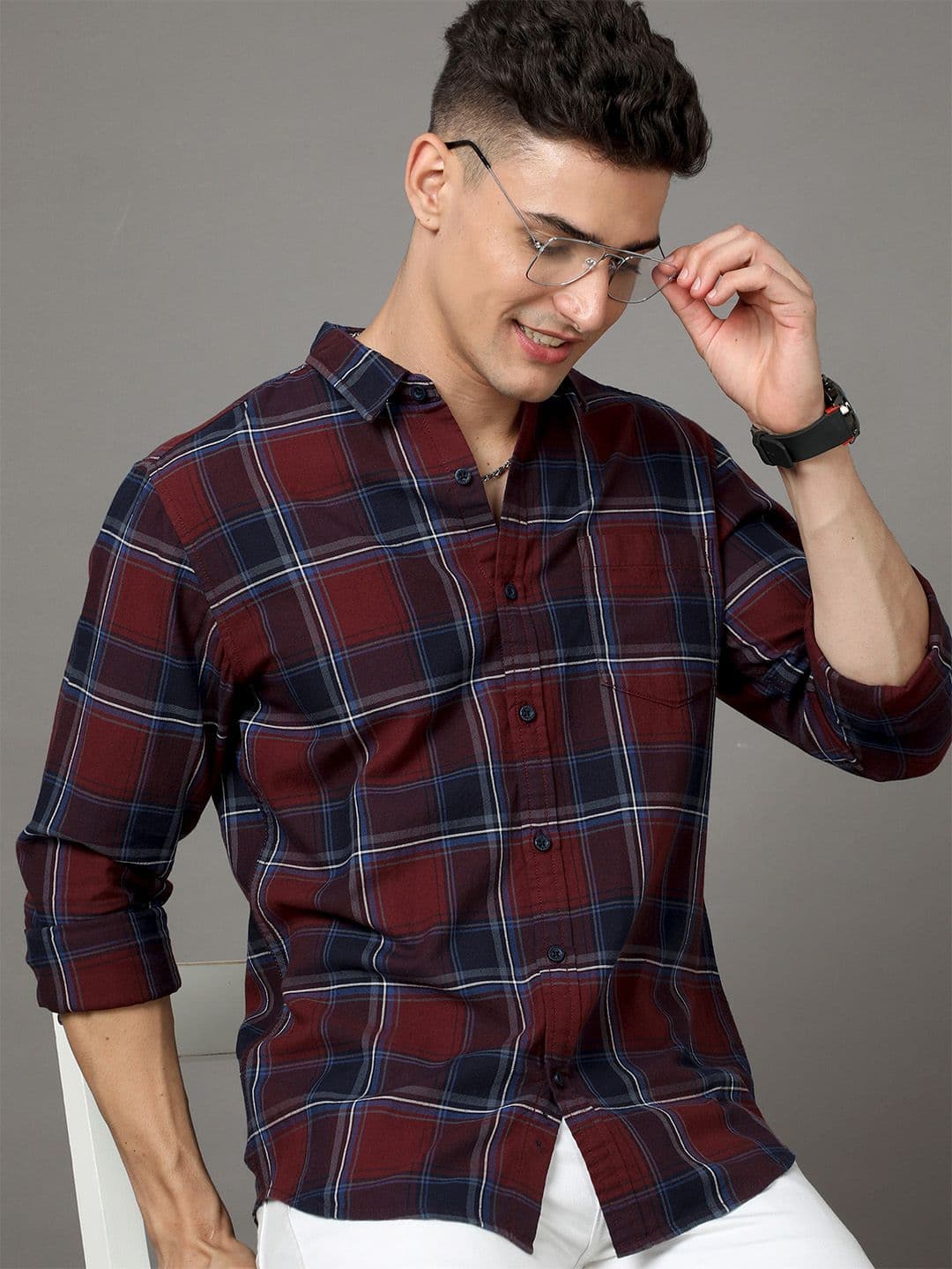 HERE&NOW Maroon Tartan Checked Slim Fit Cotton Casual Shirt - view 1