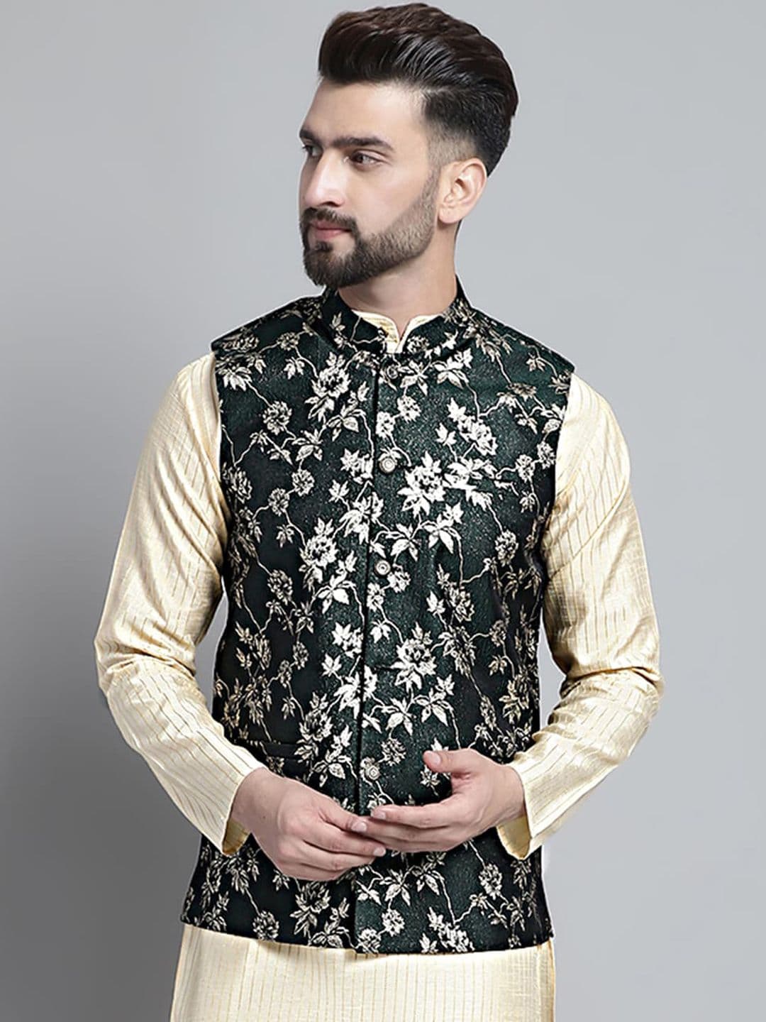 Jompers Ethnic Motifs Woven-Design Nehru Cotton Silk Jacket - view 1