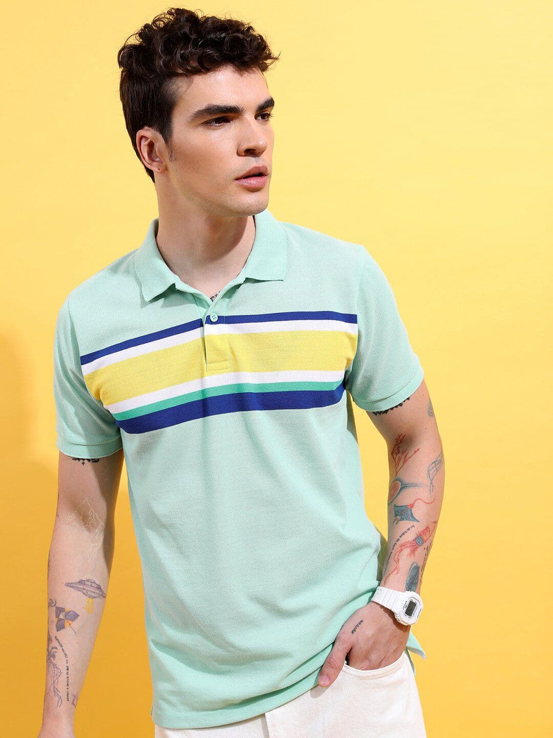 HIGHLANDER Sea Green Striped Polo Collar Slim Fit T-Shirt - view 1