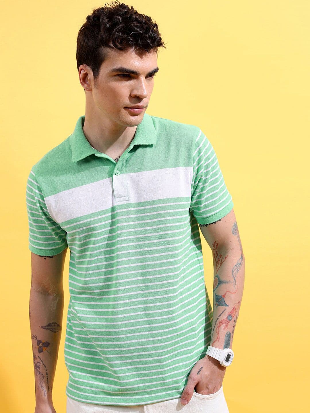HIGHLANDER Green Striped Polo Collar Slim Fit T-Shirt - view 1