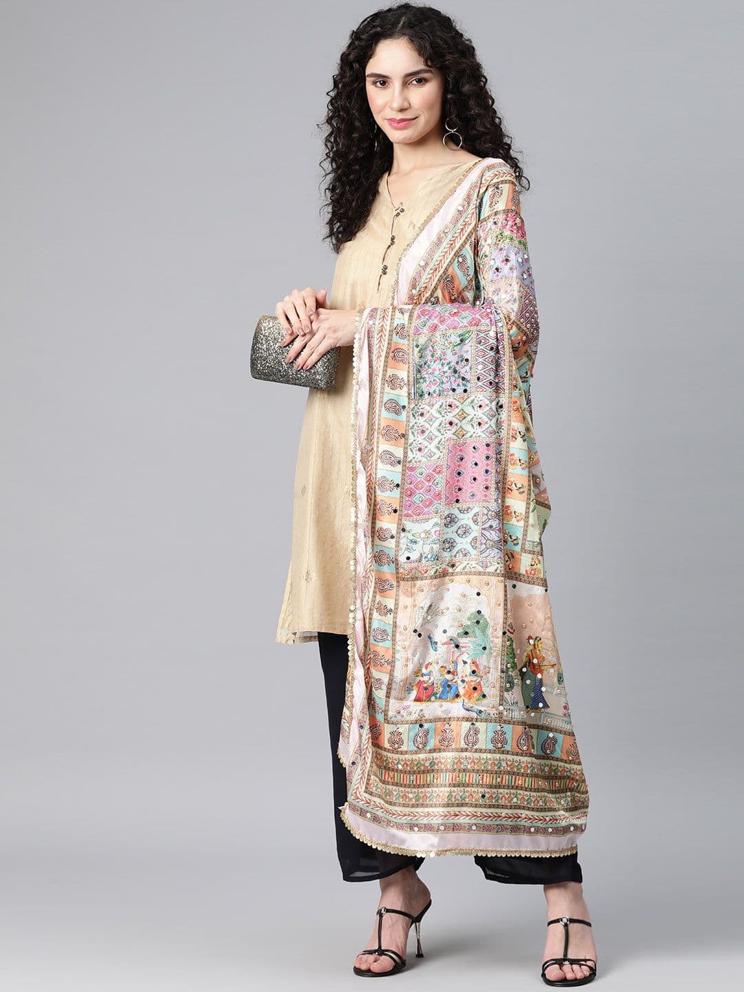 SWI Stylish Ethnic Motifs Printed Chiffon Dupatta with Mirror Work - view 1