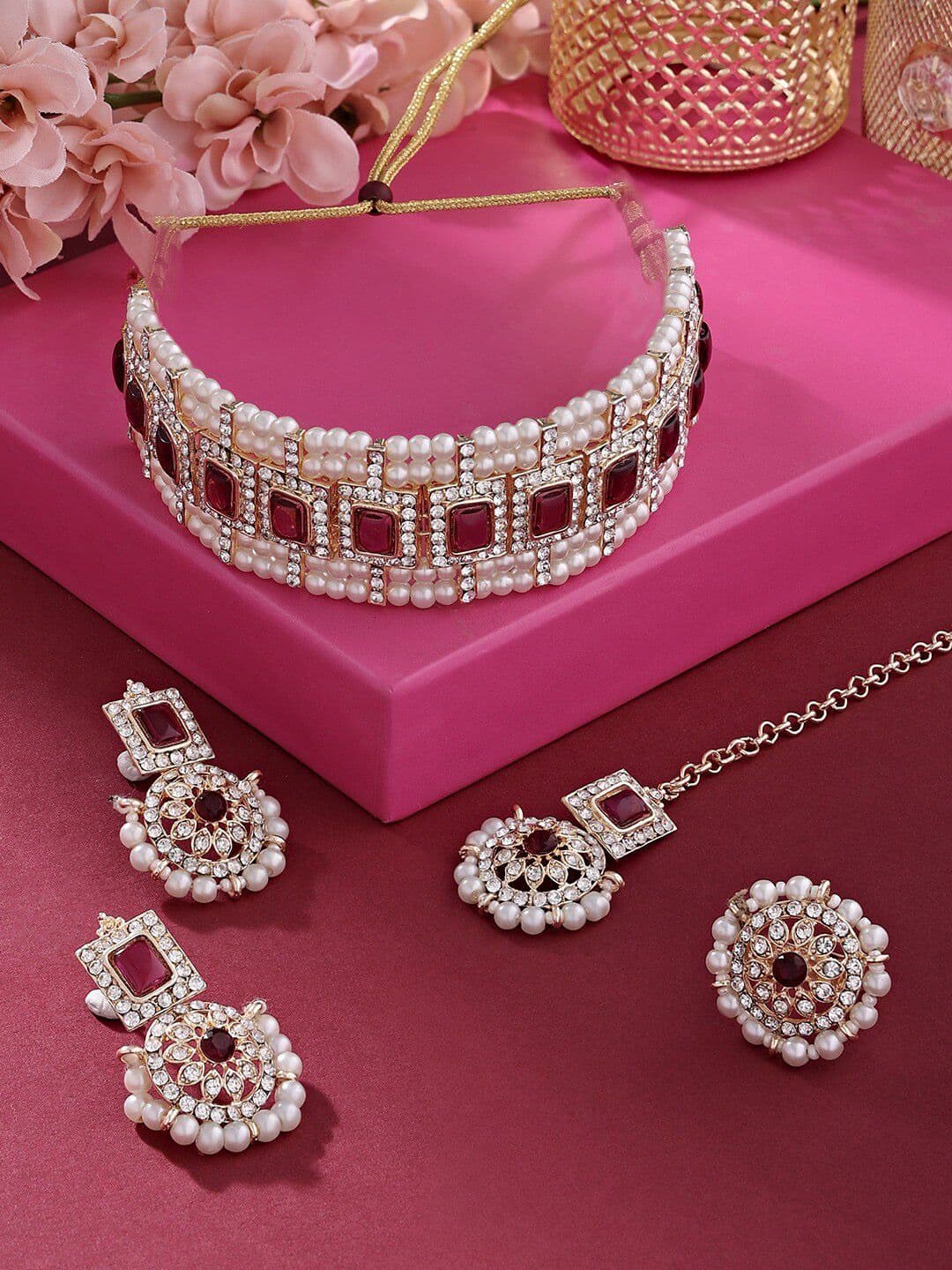 Zaveri Pearls Gold-Plated Stone-Studded Necklace & Earrings With Maangtika & Ring - view 1