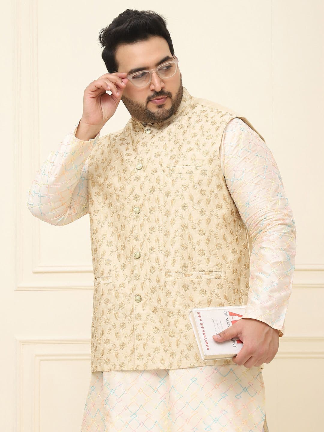 SOJANYA PLUS Plus Size Ethnic Motif Embellished Cotton Linen Nehru Jacket - view 1