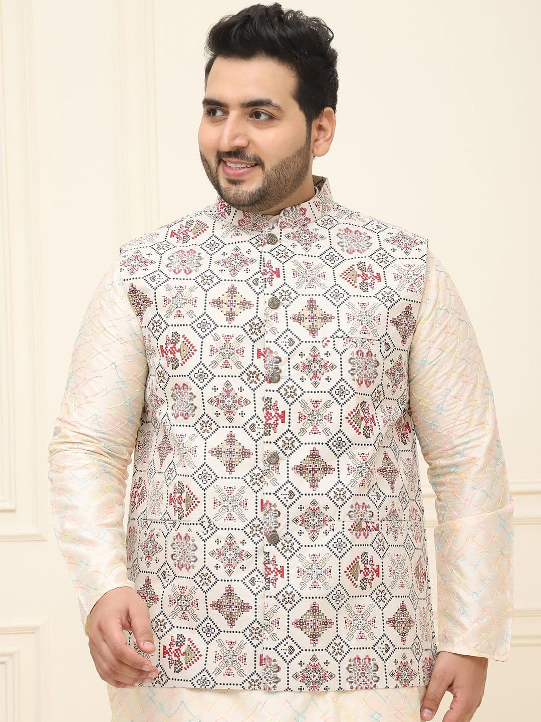 SOJANYA PLUS Plus Size Ethnic Motif Printed Cotton Linen Nehru Jacket - view 1