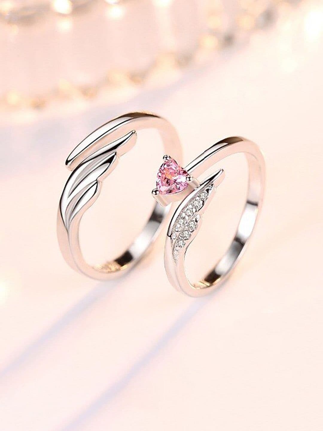 Fashion Frill Set Of 2 Silver-Plated CZ-Studded Couple Finger Rings - view 1