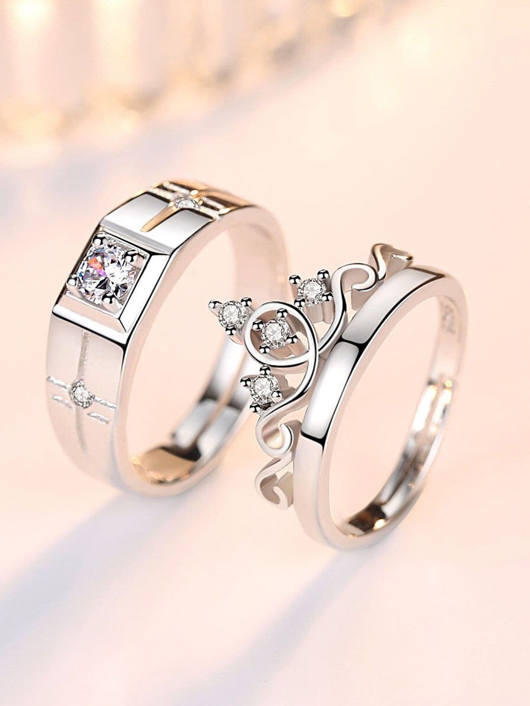 Fashion Frill Set Of 2 Silver-Plated CZ-Studded Adjustable Couple Finger Rings - view 1