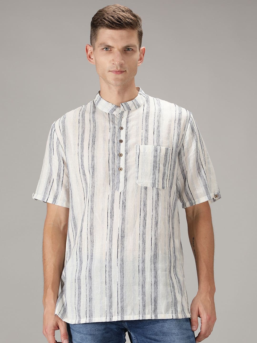 Cot'N Soft Striped Mandarin Collar Cotton Kurta - view 1