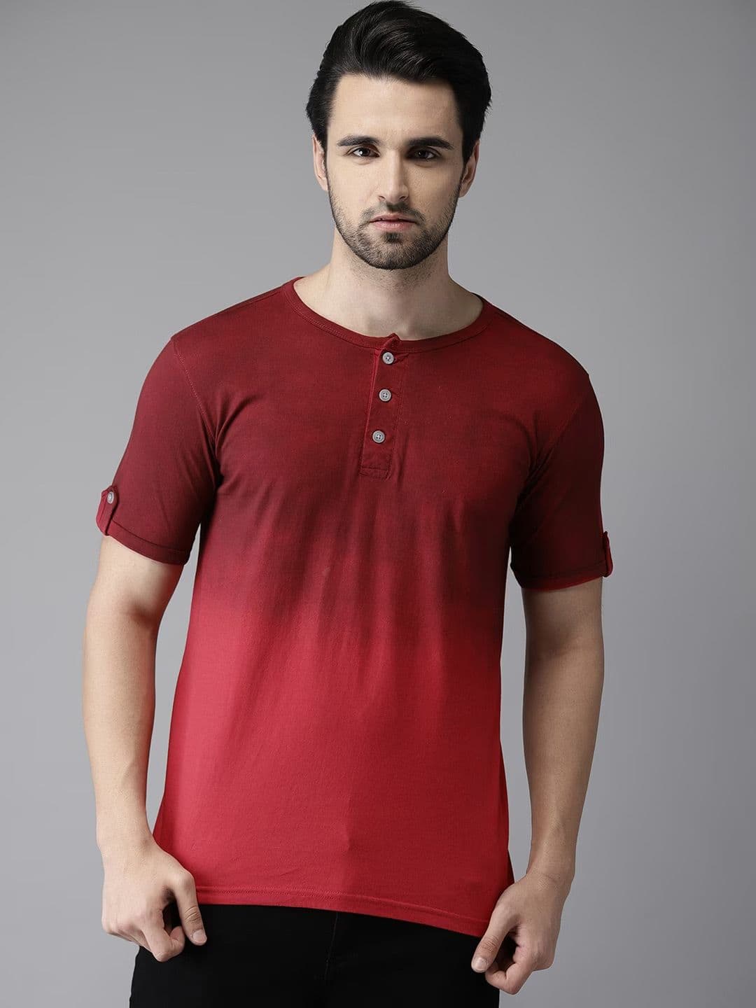 CAHOOT Maroon Henley Neck Relaxed Fit Ombre Casual Cotton T-shirt - view 1