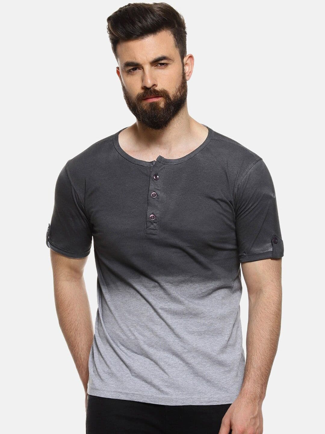 CAHOOT Charcoal Relaxed Fit Ombre Henley Neck Cotton T-shirt - view 1