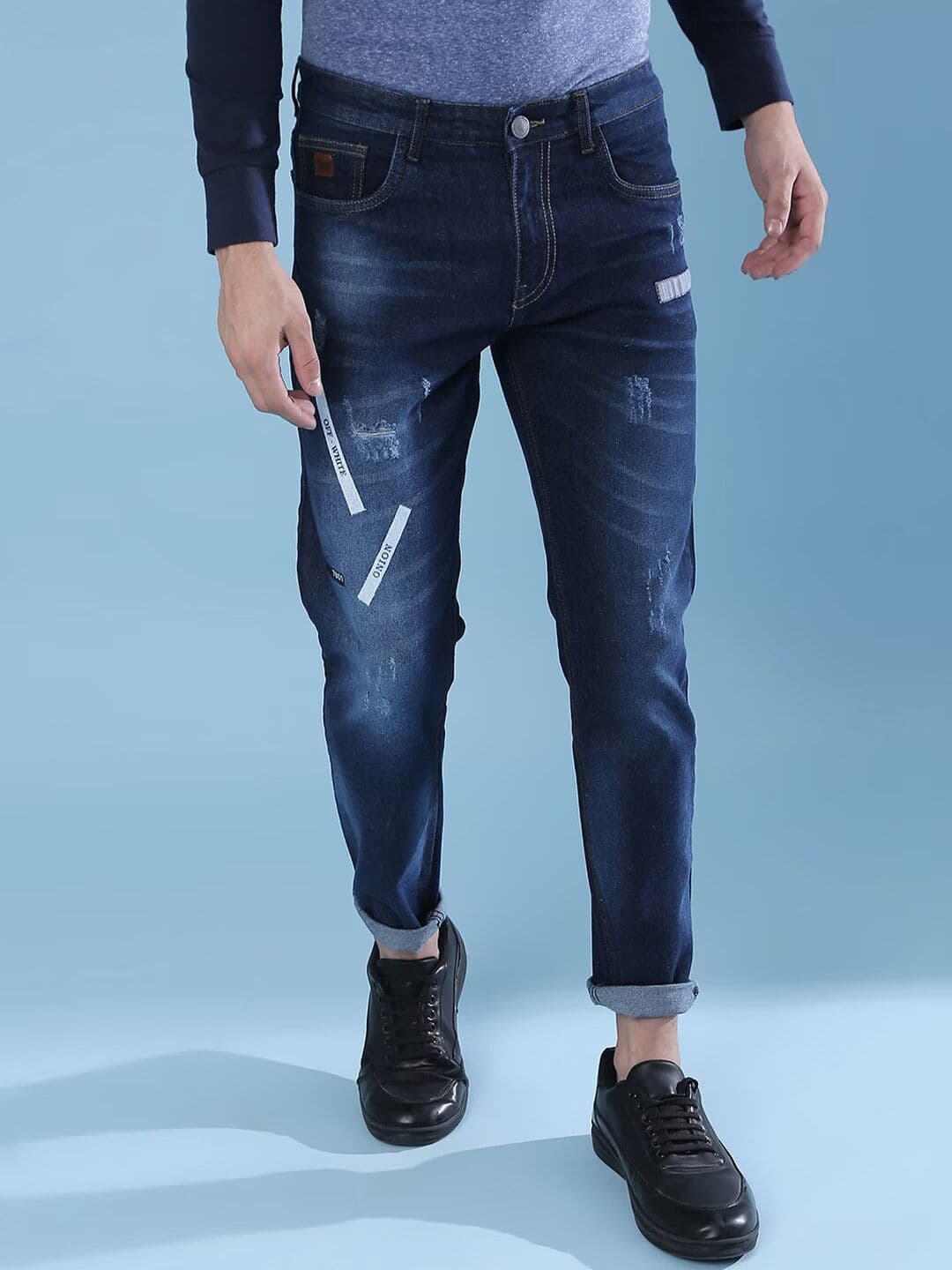 CAHOOT Men Navy Blue Smart Slim Fit Mildly Distressed Stretchable Cotton Jeans - view 1