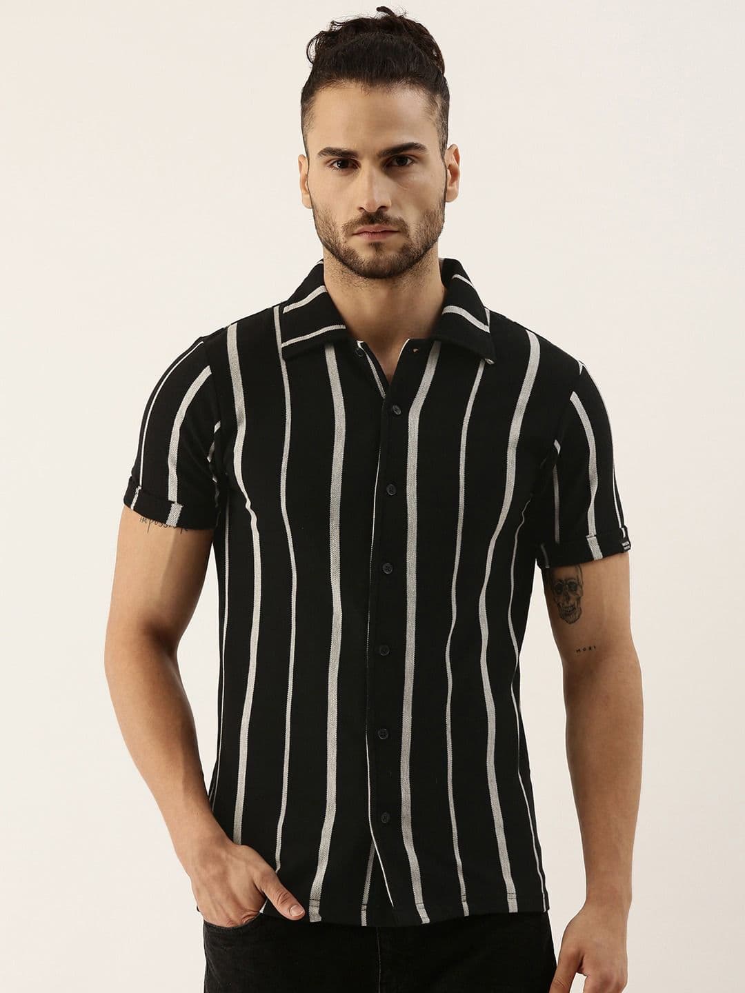 CAHOOT Black & White Classic Vertical Striped Cotton Casual Shirt - view 1