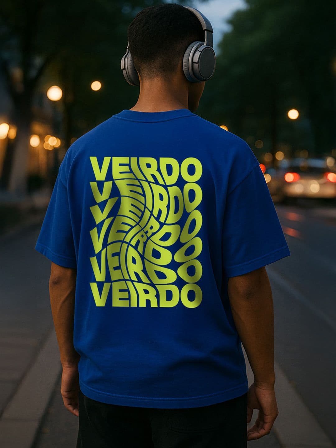 VEIRDO Blue & Yellow Typography Printed Cotton T-shirt - view 1