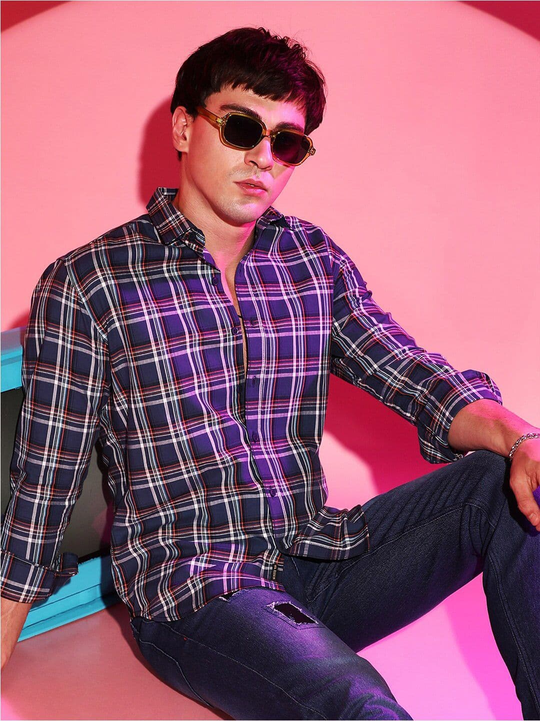 CAHOOT Blue Tartan Checks Classic Cotton Casual Shirt - view 1