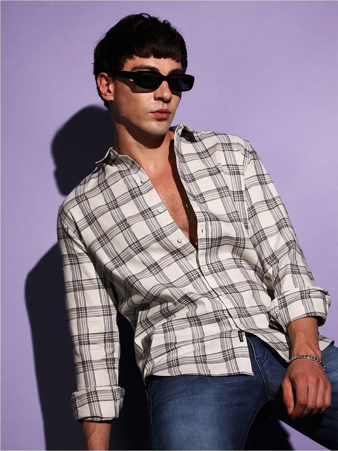 CAHOOT Cream & Black Tartan Checks Classic Cotton Casual Shirt - view 1