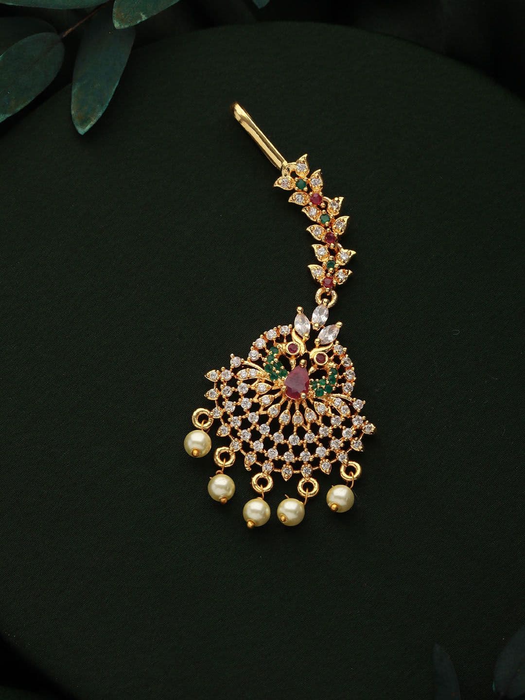 Jazz and Sizzle 24KT Gold-Plated AD Studded & Beaded Maang Tikka - view 1