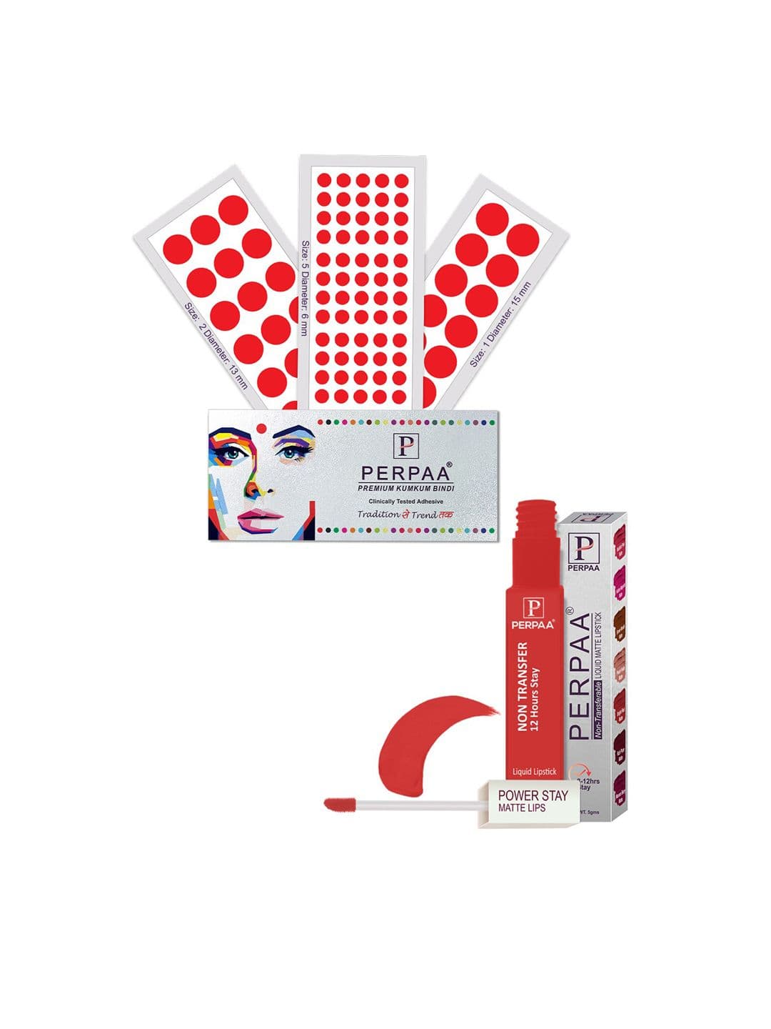 PERPAA Power Stay Non Transfer Lipstick-01 & Set of 3 Premium Maroon Bindis -Size 01,02,05 - view 1