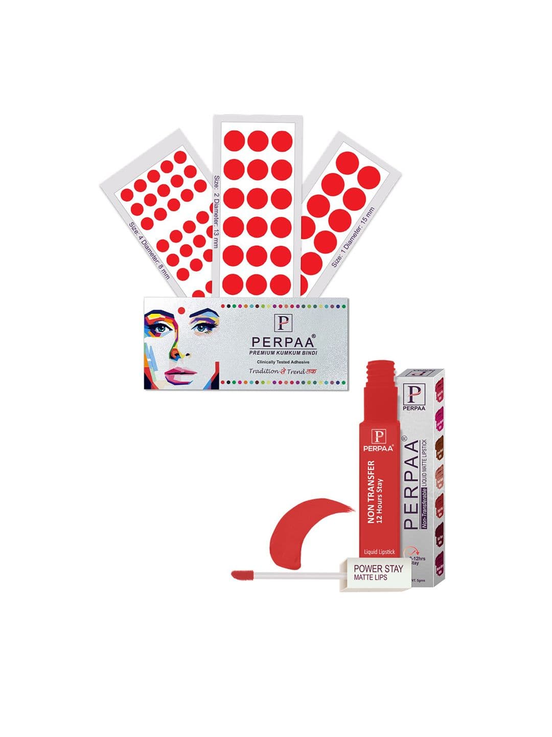 PERPAA Power Stay Non Transfer Lipstick-01 & Set of 3 Premium Red Bindis - Size 01,02,04 - view 1