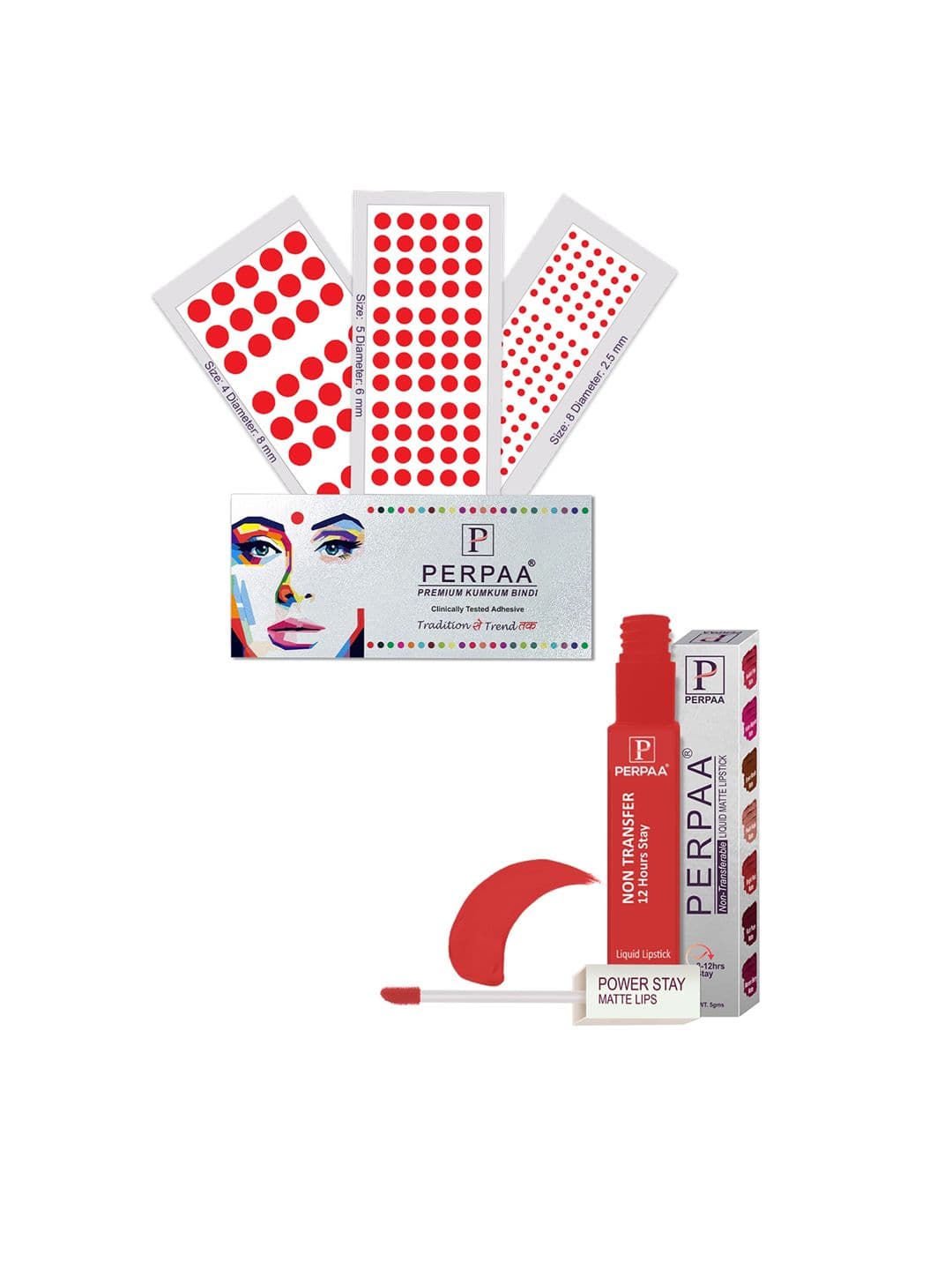 PERPAA Power Stay Non Transfer Lipstick-01 & Set of 3 Premium Red Bindis - Size 04,05,08 - view 1