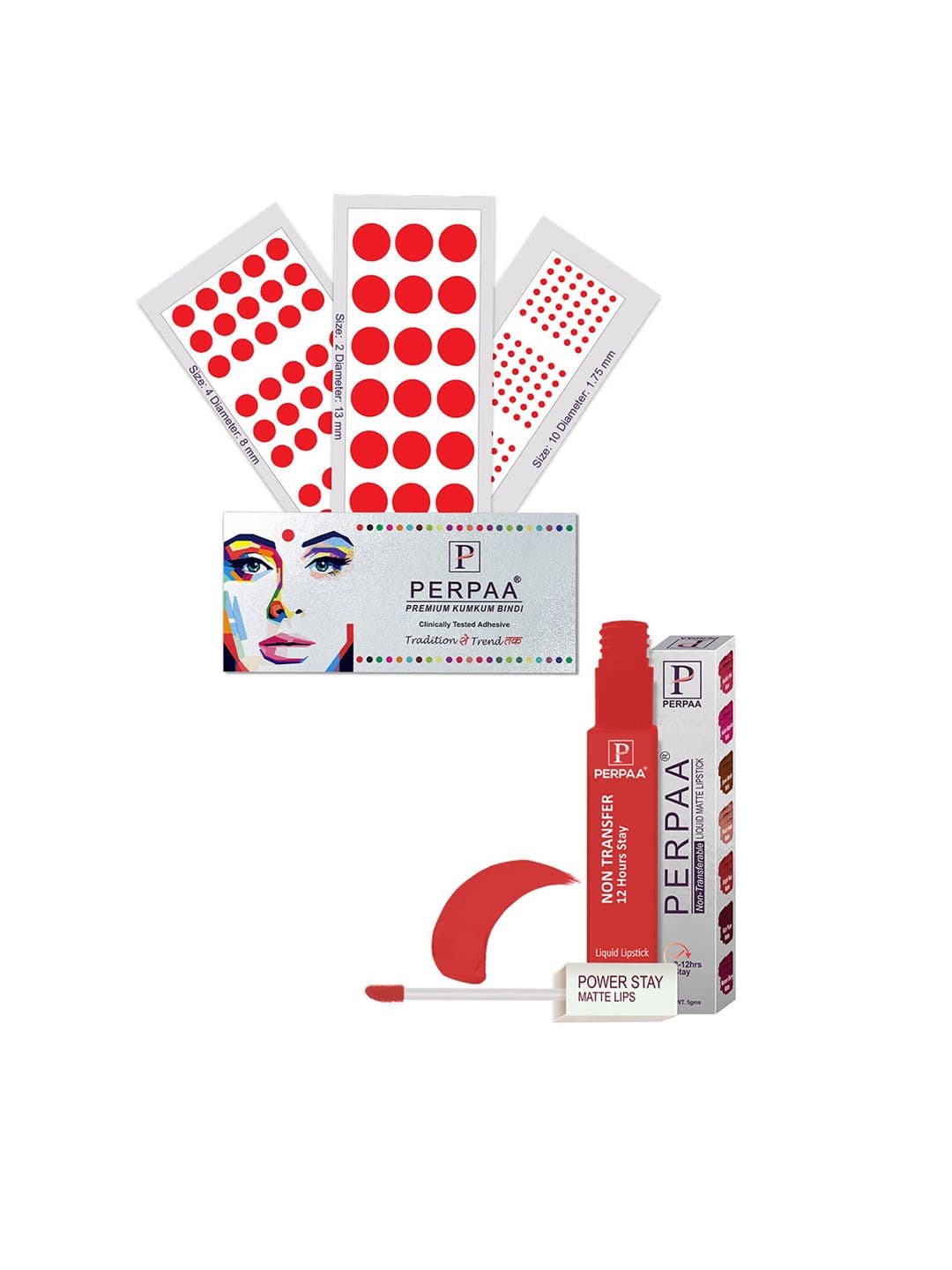 PERPAA Power Stay Non Transfer Lipstick-01 & Set of 3 Premium Red Bindis - Size 02,10,04 - view 1