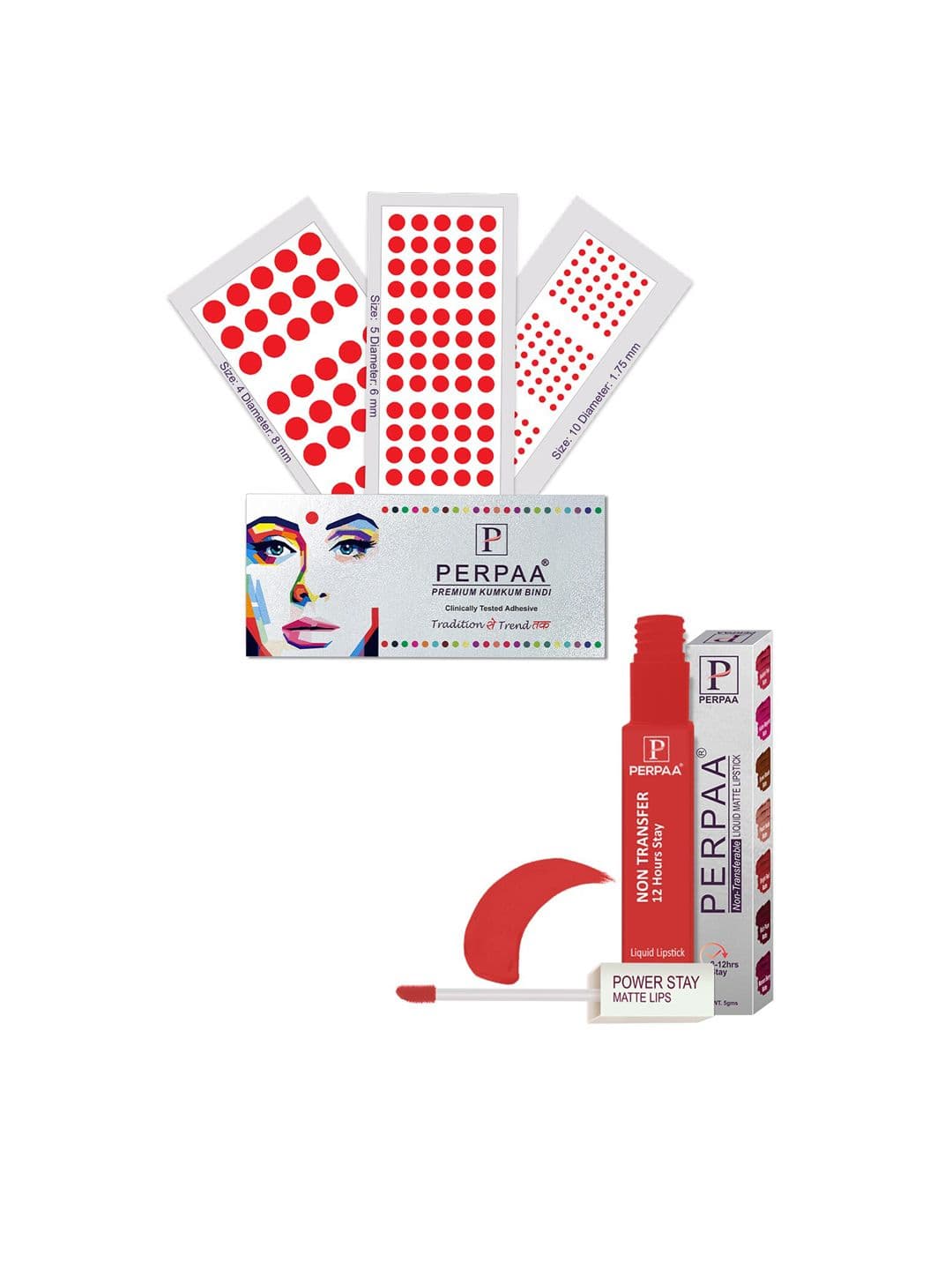 PERPAA Power Stay Non Transfer Lipstick-01 & Set of 3 Premium Red Bindis - Size 04,05,10 - view 1