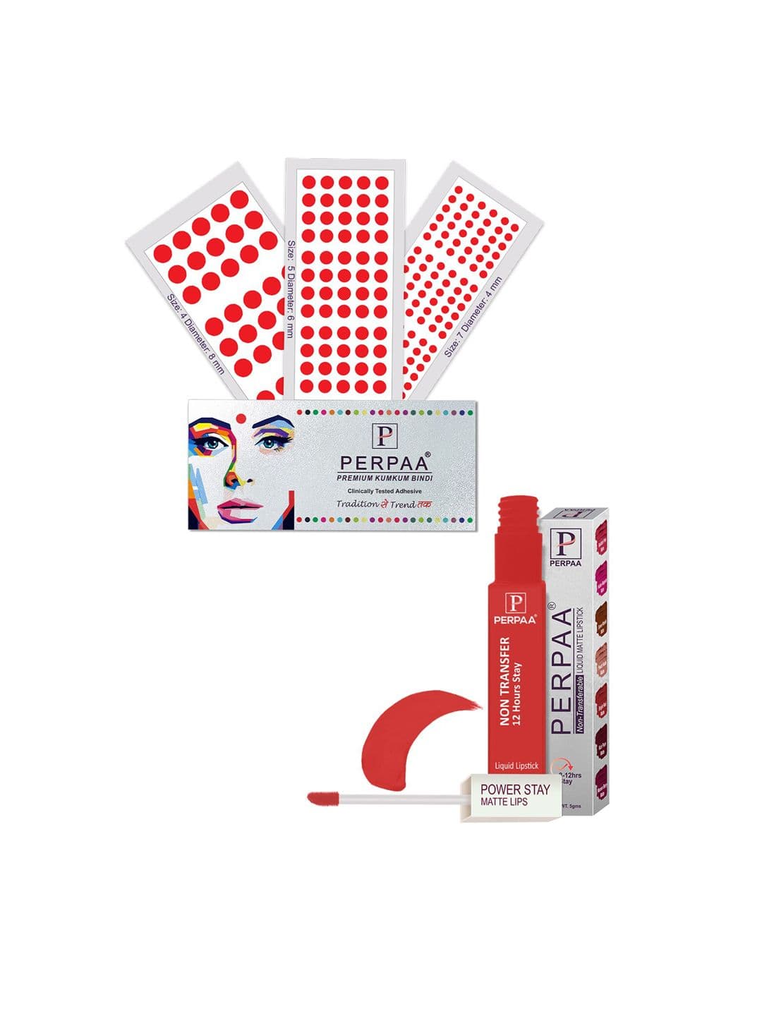 PERPAA Power Stay Non Transfer Lipstick-01 & Set of 3 Premium Red Bindis- Size 04,05,07 - view 1