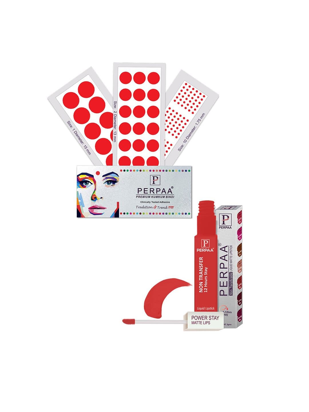 PERPAA Power Stay Non Transfer Lipstick-01 & Set of 3 Premium Red Bindis - Size 01,02,10 - view 1