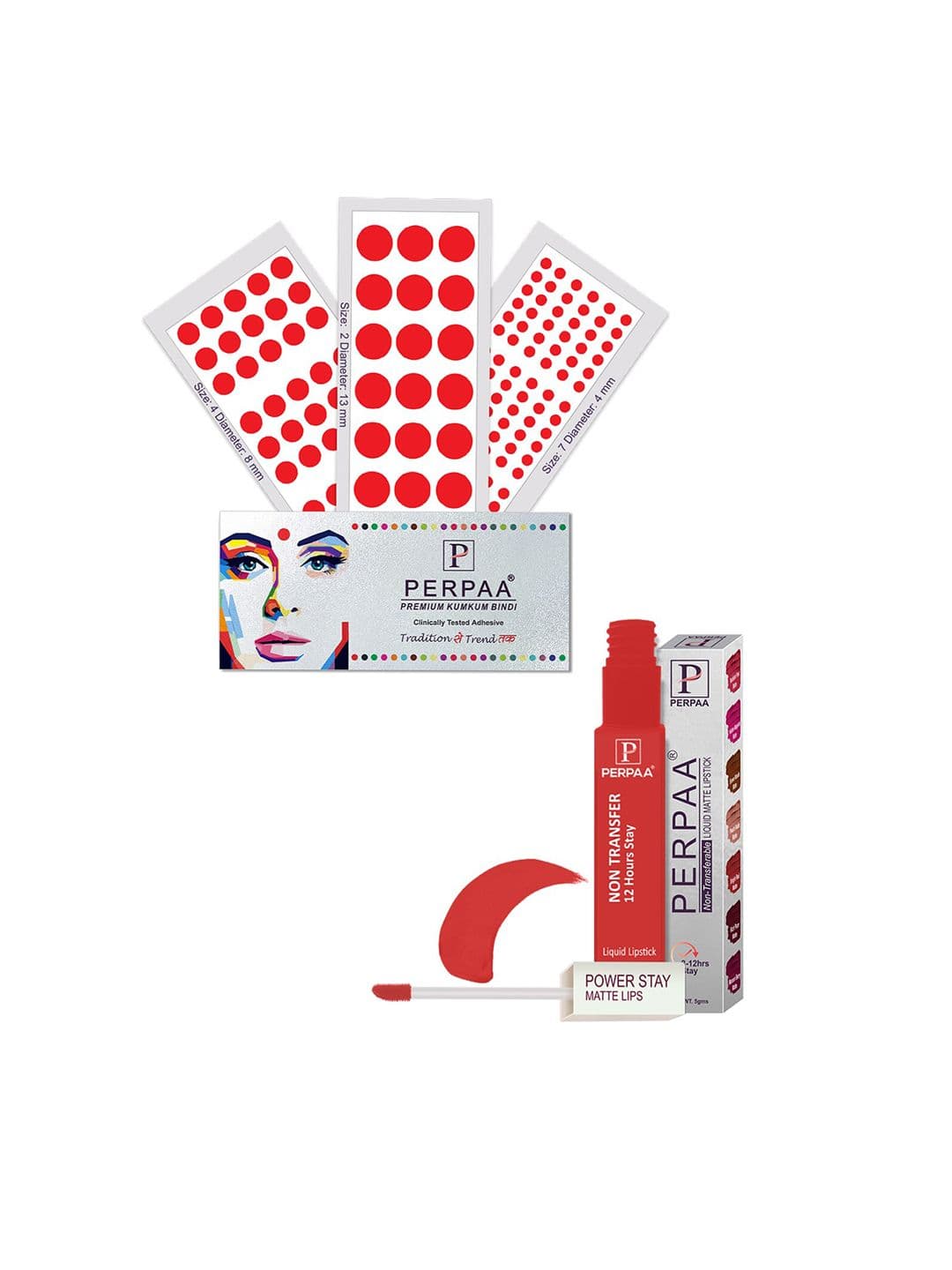 PERPAA Power Stay Non Transfer Lipstick-01 & Set of 3 Premium Red Bindis - Size 02,07,04 - view 1