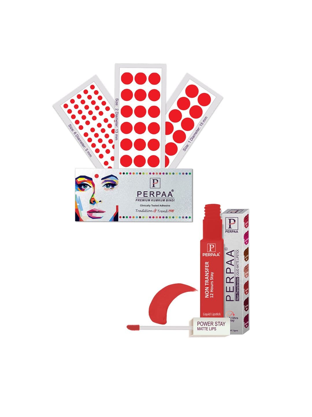 PERPAA Power Stay Non Transfer Lipstick - Shade 01 & Set of 3 Premium Red Bindis - view 1