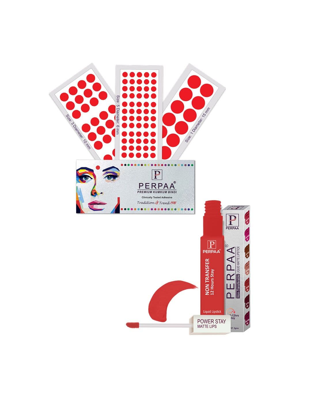 PERPAA Power Stay Non Transfer Lipstick - Shade 01 & Set of 3 Premium Red Bindis - view 1
