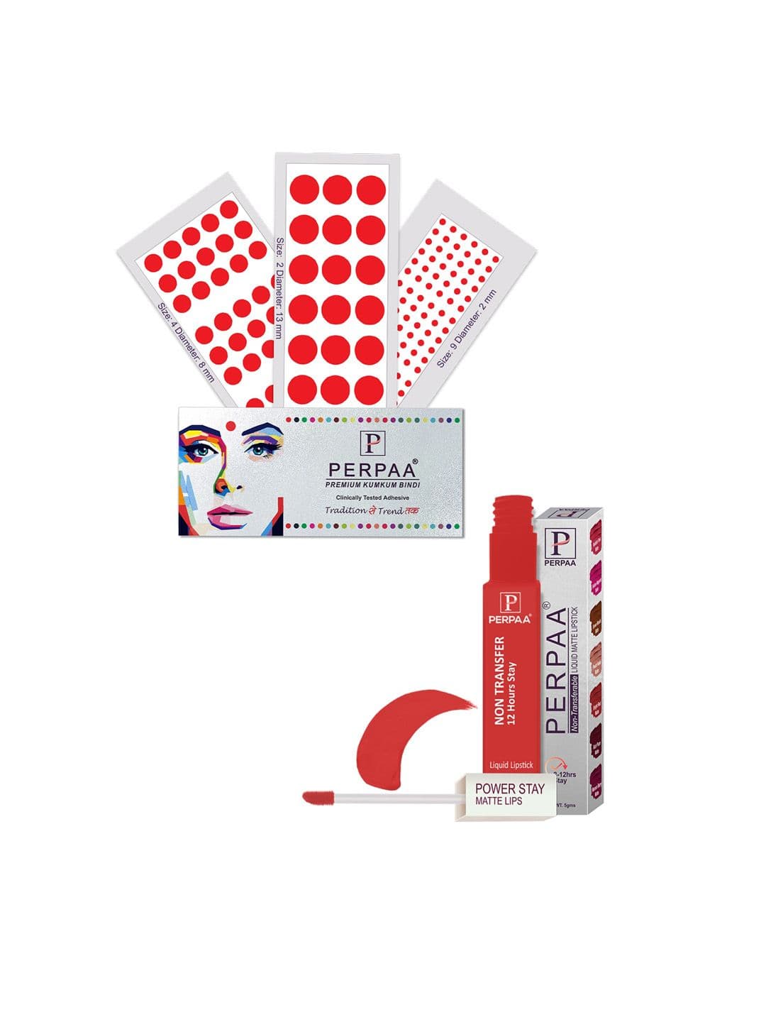 PERPAA Power Stay Non Transfer Lipstick - Shade 01 & Set of 3 Premium Red Bindis - view 1