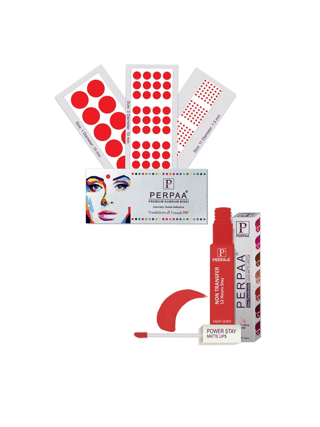 PERPAA Power Stay Non Transfer Lipstick - Shade 01 & Set of 3 Premium Red Bindis - view 1