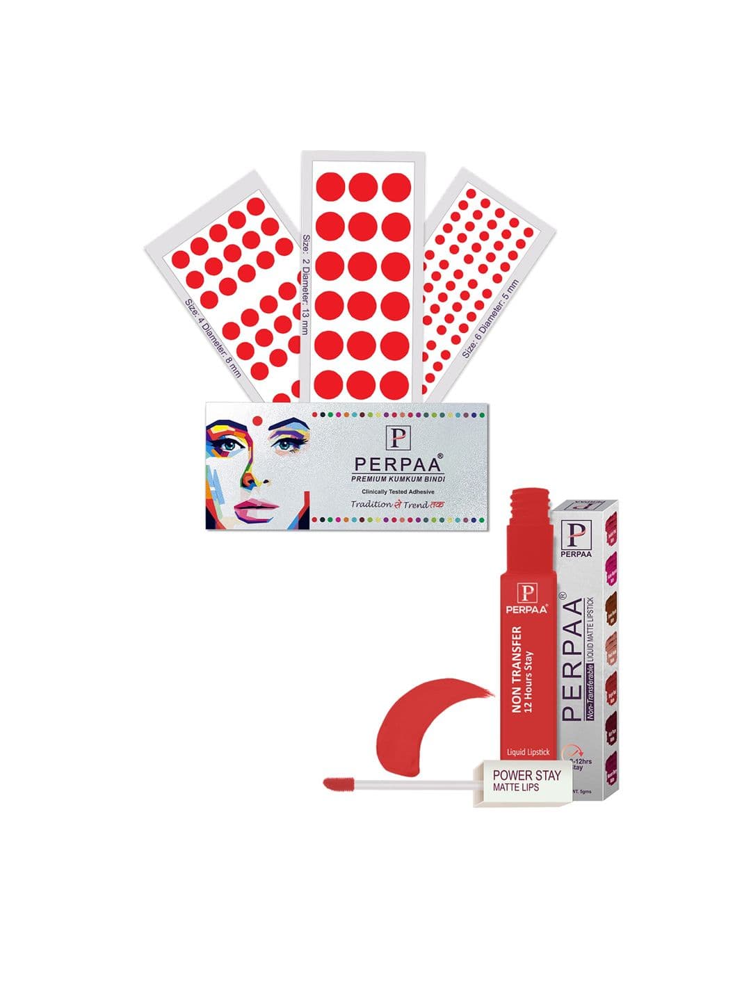 PERPAA Power Stay Non Transfer Lipstick-01 & Set of 3 Premium Red Bindis- Size 02,06,04 - view 1