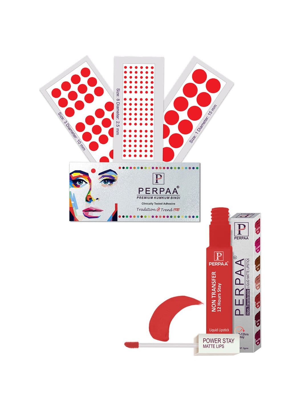 PERPAA Power Stay Liquid Lipstick - 01 with 3 Premium Red Bindi Flaps - Size 01,03,08 - view 1