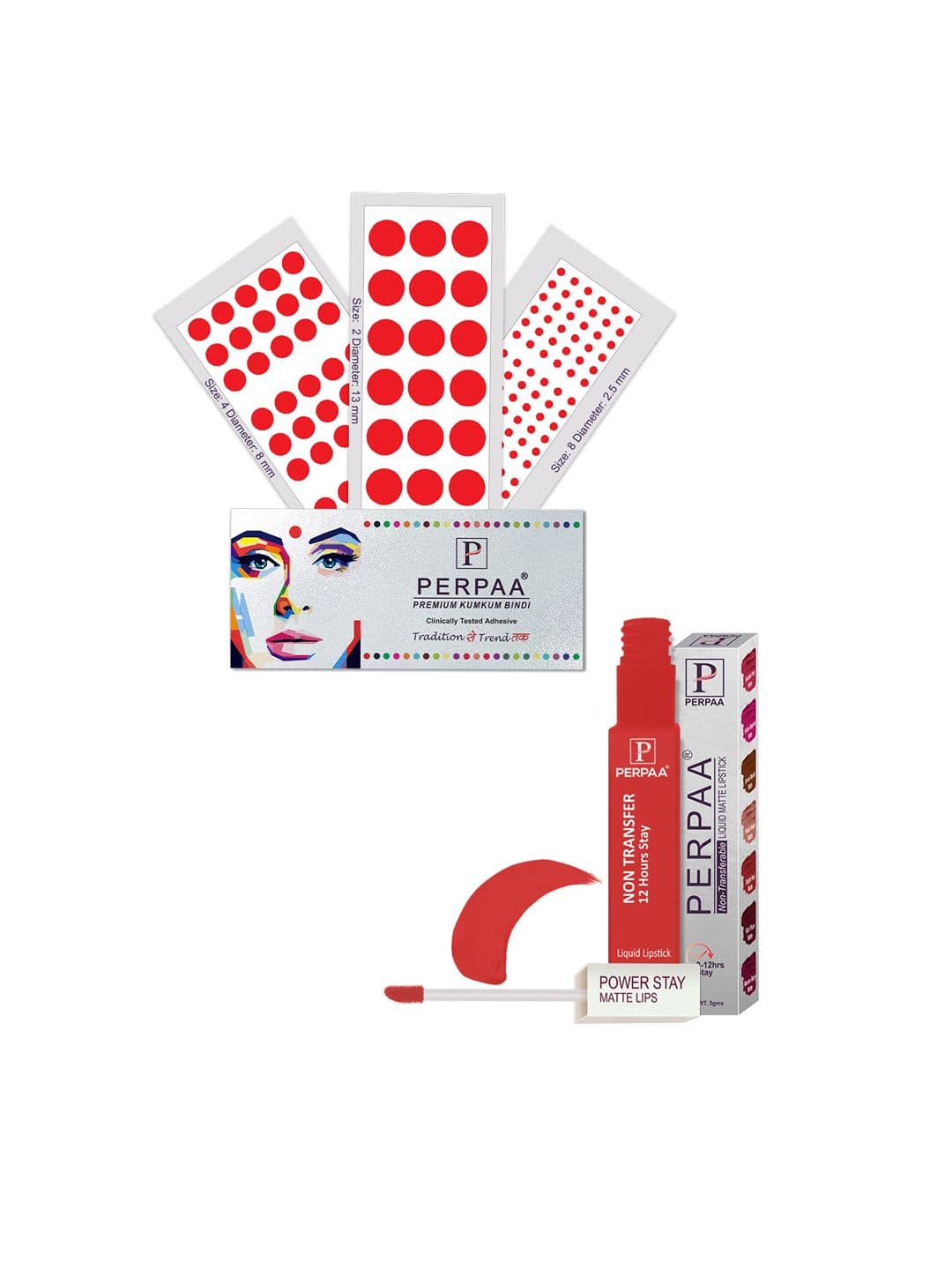PERPAA Power Stay Non Transfer Lipstick-01 & Set of 3 Premium Red Bindis - Size 02,08,04 - view 1
