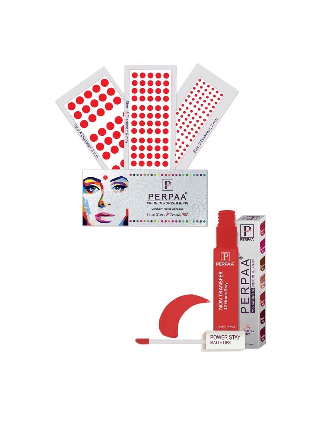 PERPAA Power Stay Non Transfer Lipstick-01 & Set of 3 Premium Red Bindis - Size 04,05,09 - view 1
