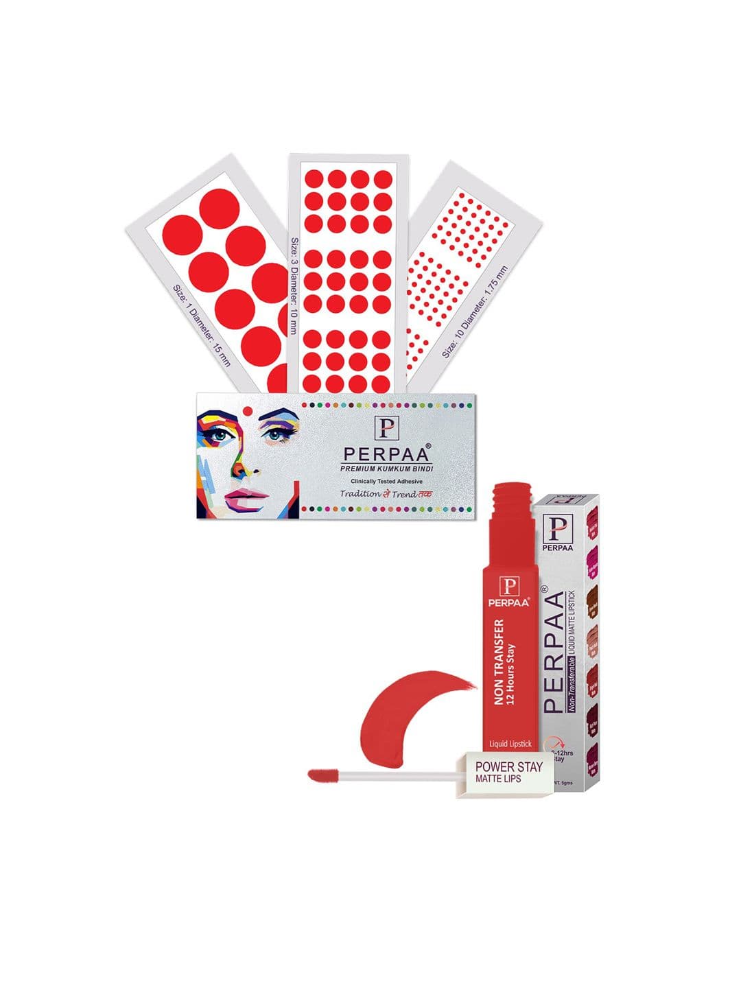 PERPAA Power Stay Non Transfer Lipstick-01 & Set of 3 Premium Red Bindis - Size 01,03,10 - view 1
