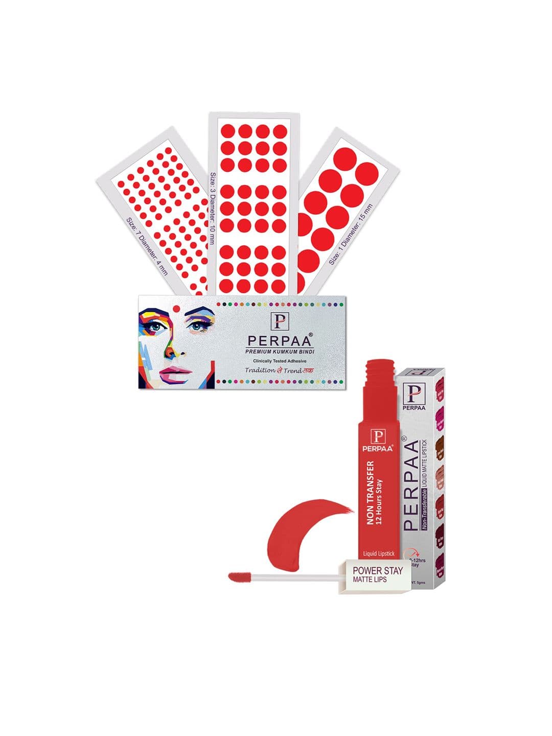 PERPAA Power Stay Non Transfer Lipstick - Shade 01 & Set of 3 Premium Red Bindis - view 1