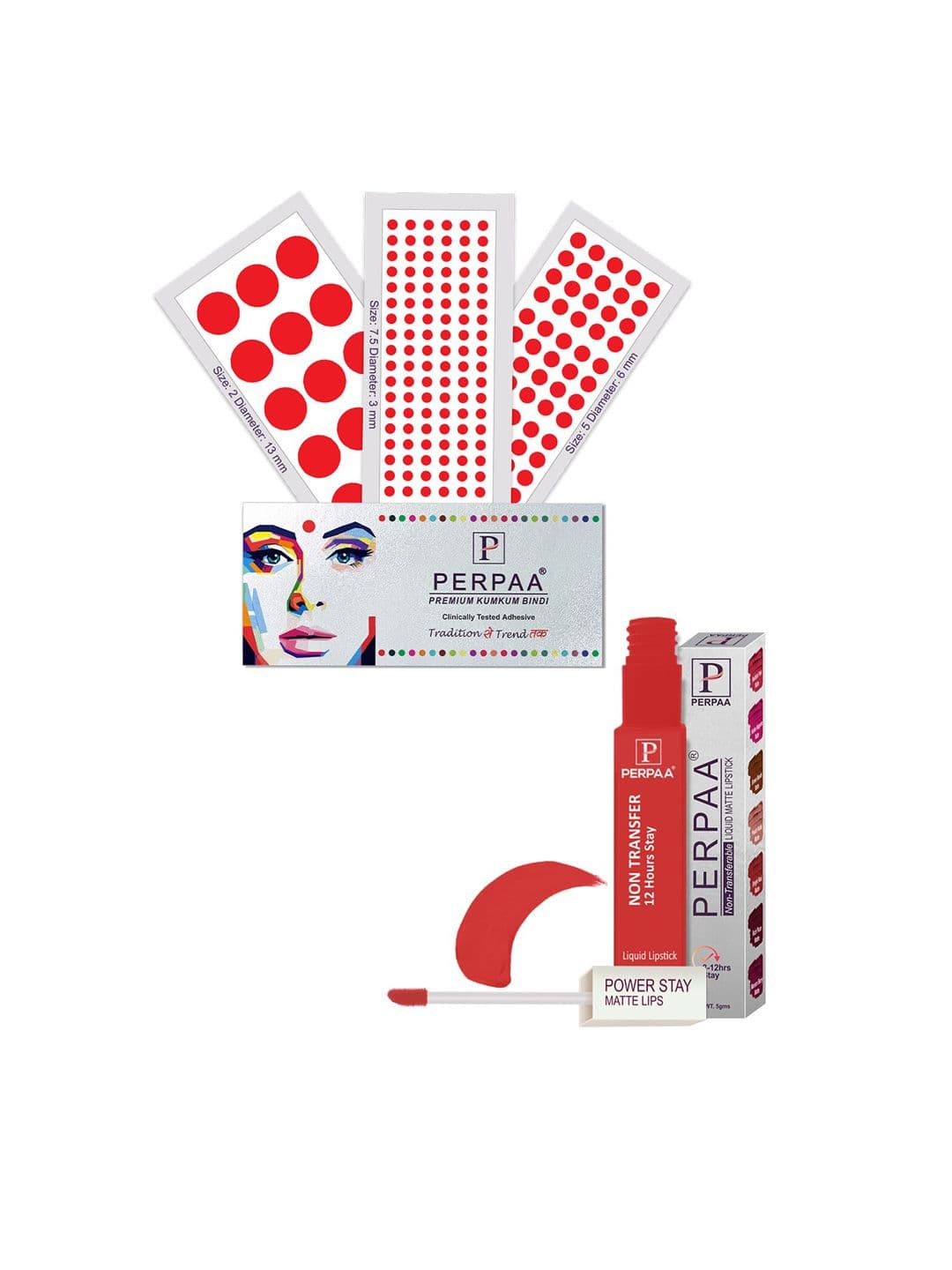 PERPAA Power Stay Non Transfer Lipstick-01 & Set of 3 Premium Red Bindis - Size 7.5,02,05 - view 1