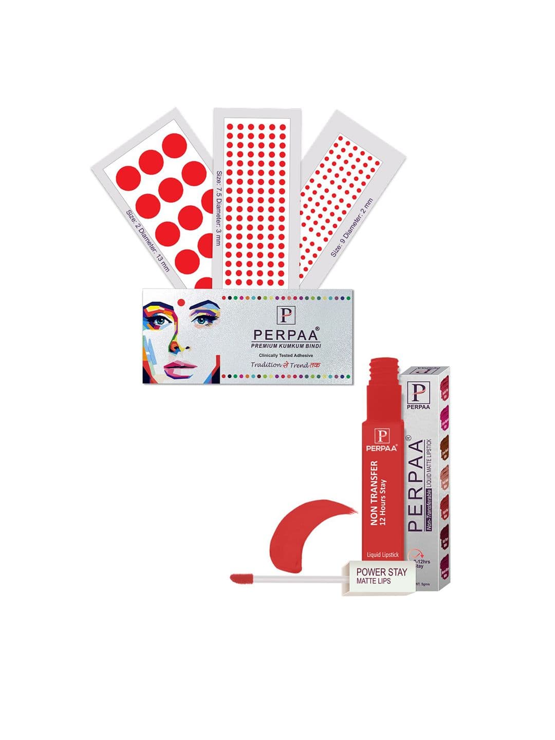 PERPAA Power Stay Non Transfer Lipstick-01 & Set of 3 Premium Red Bindis - Size 7.5,02,09 - view 1