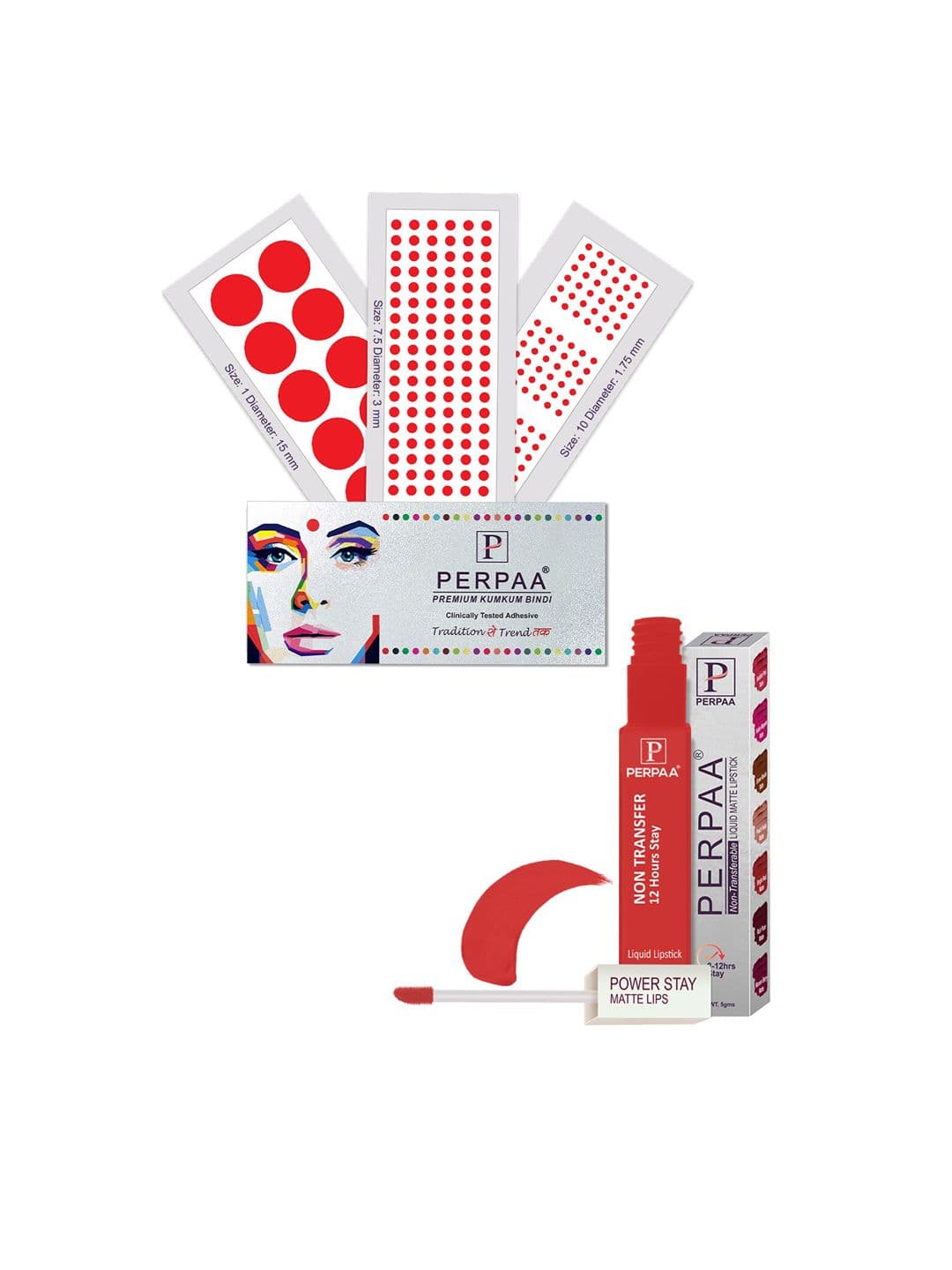 PERPAA Power Stay Non Transfer Lipstick-01 & Set of 3 Premium Maroon Bindis-Size 7.5,01,10 - view 1