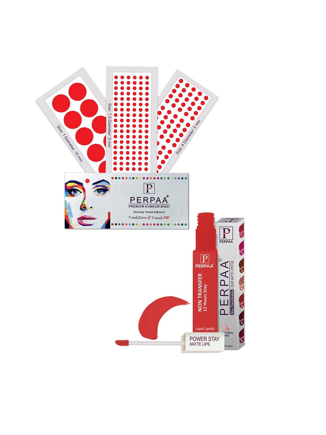 PERPAA Power Stay Non Transfer Lipstick-01 & Set of 3 Premium Red Bindis - Size 7.5,01,06 - view 1