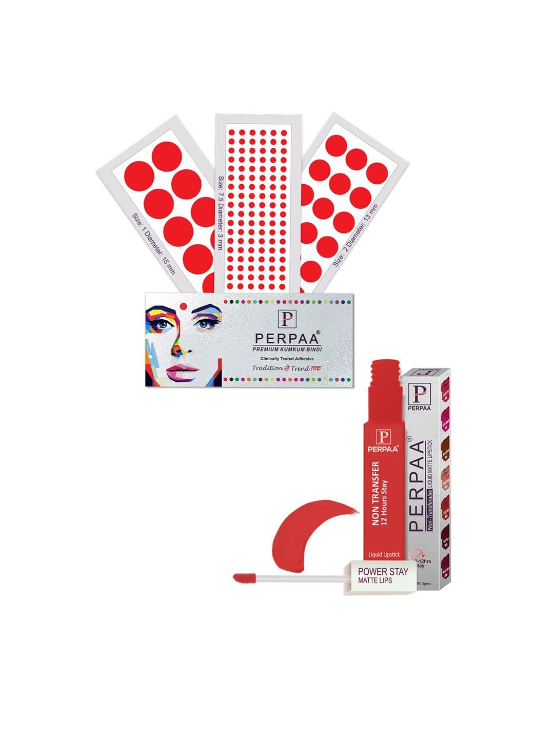 PERPAA Power Stay Non Transfer Lipstick-01 & Set of 3 Premium Red Bindis - Size 7.5,01,02 - view 1